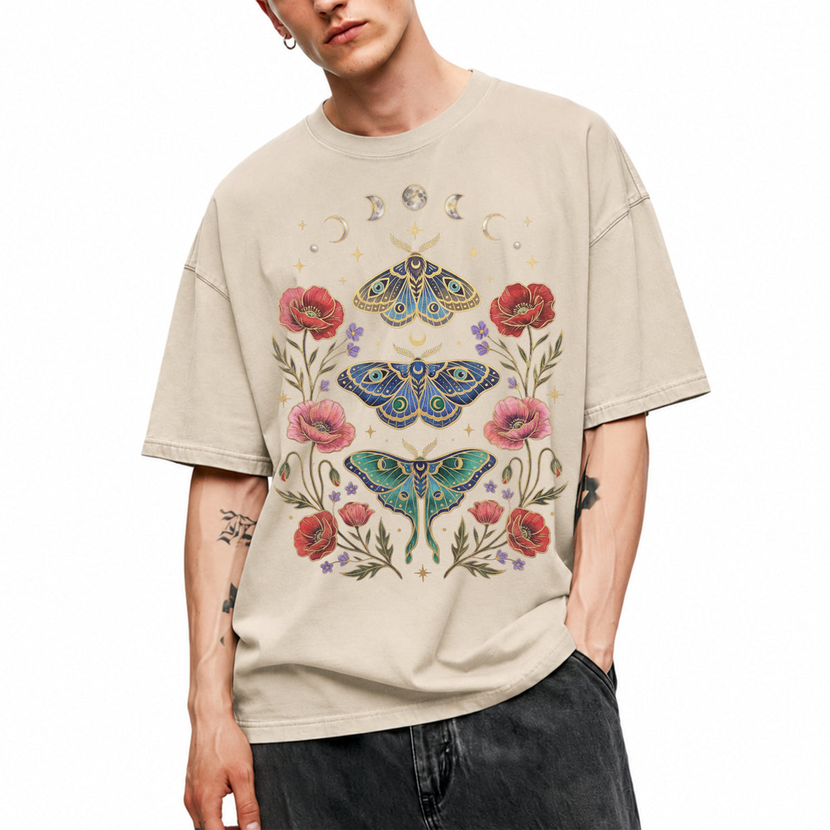 SF_COLOR=sand; SF_ITEM=adult-t-shirt; SF_ROLE=main; Celestial Moth T-Shirt Luna Moon Phase Flower Cottagecore Witchy Tee - Sand Adult T-Shirt product image