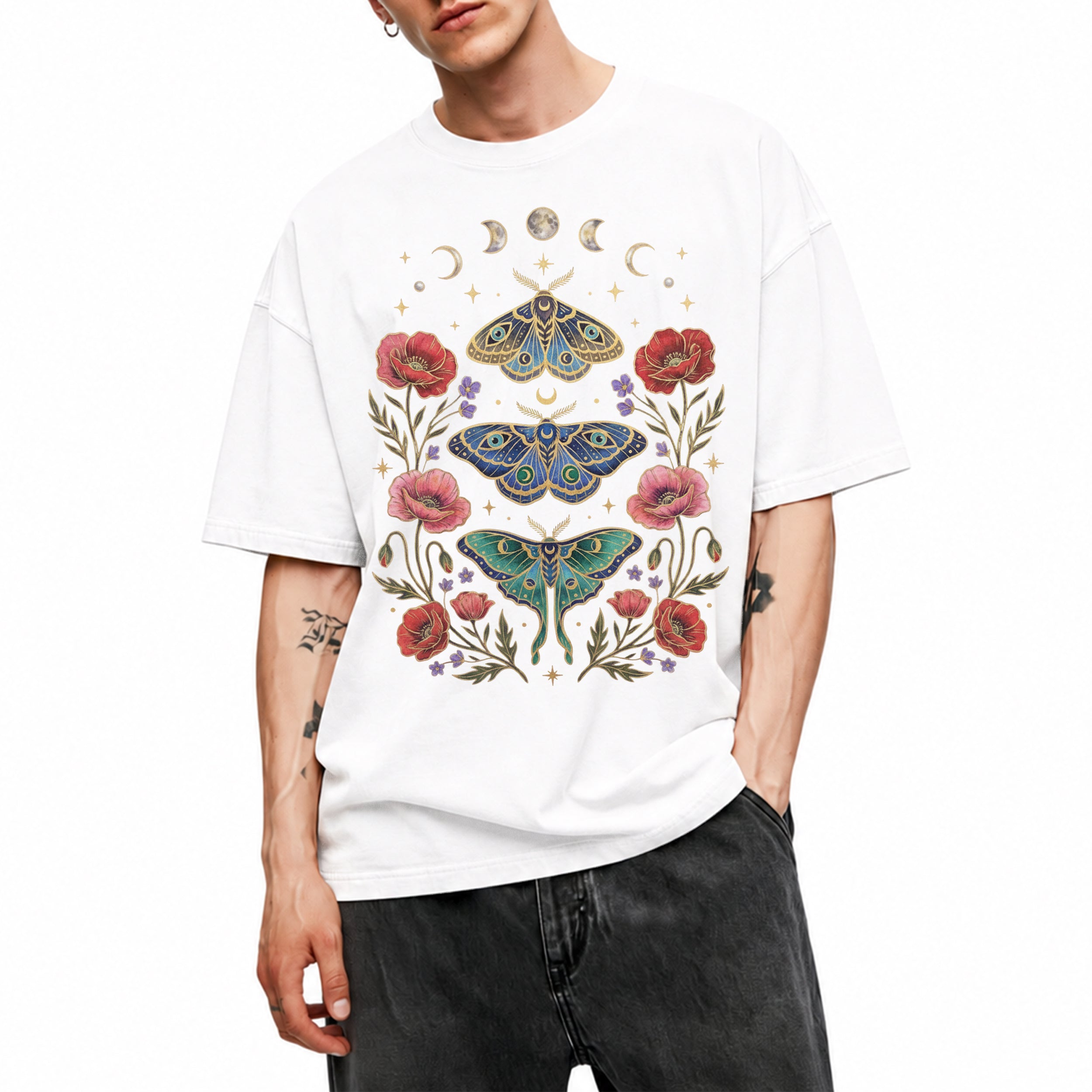 SF_COLOR=white; SF_ITEM=adult-t-shirt; SF_ROLE=main; Celestial Moth T-Shirt Luna Moon Phase Flower Cottagecore Witchy Tee - White Adult T-Shirt product image