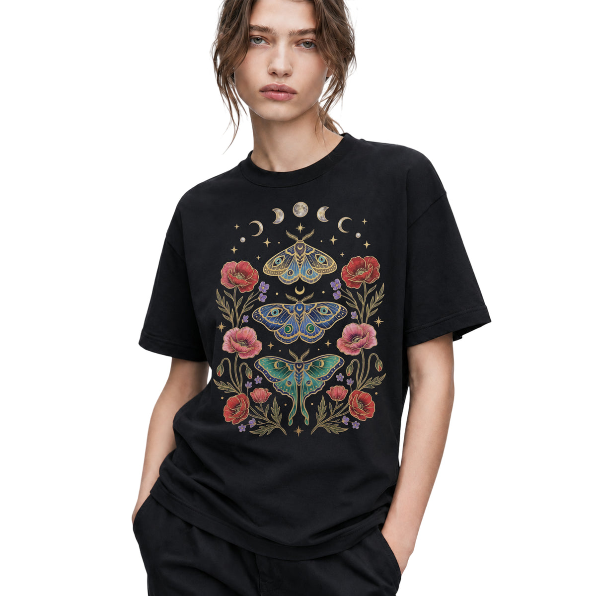 SF_COLOR=black; SF_ITEM=adult-t-shirt; SF_ROLE=gallery; Celestial Moth T-Shirt Luna Moon Phase Flower Cottagecore Witchy Tee - Black Adult T-Shirt product image