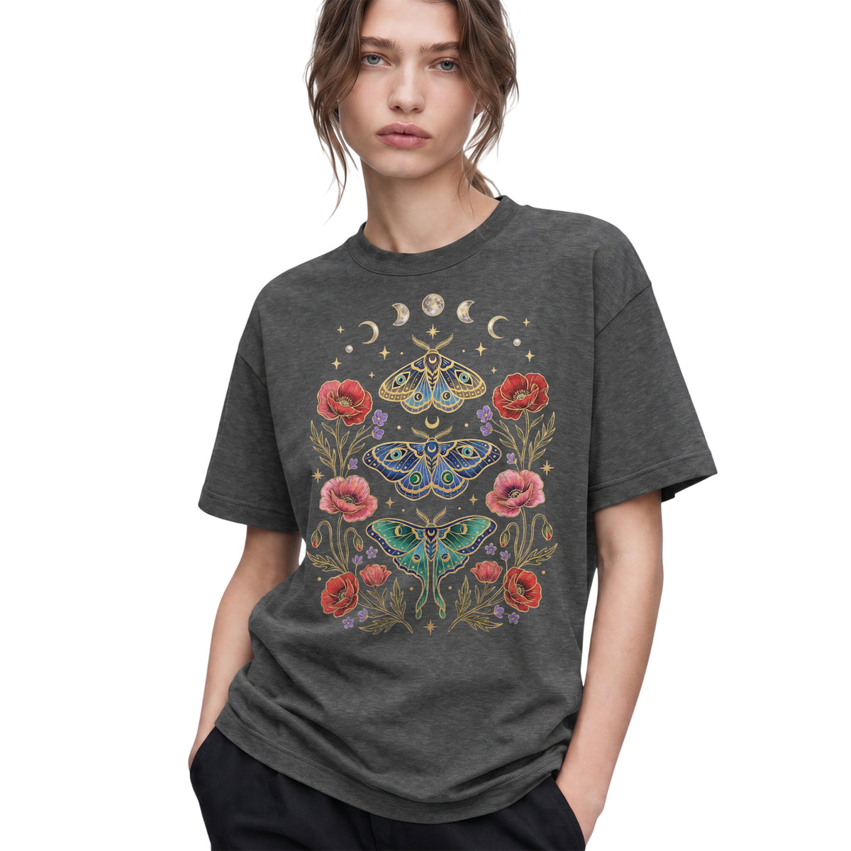 SF_COLOR=dark-heather; SF_ITEM=adult-t-shirt; SF_ROLE=gallery; Celestial Moth T-Shirt Luna Moon Phase Flower Cottagecore Witchy Tee - Dark Heather Adult T-Shirt product image