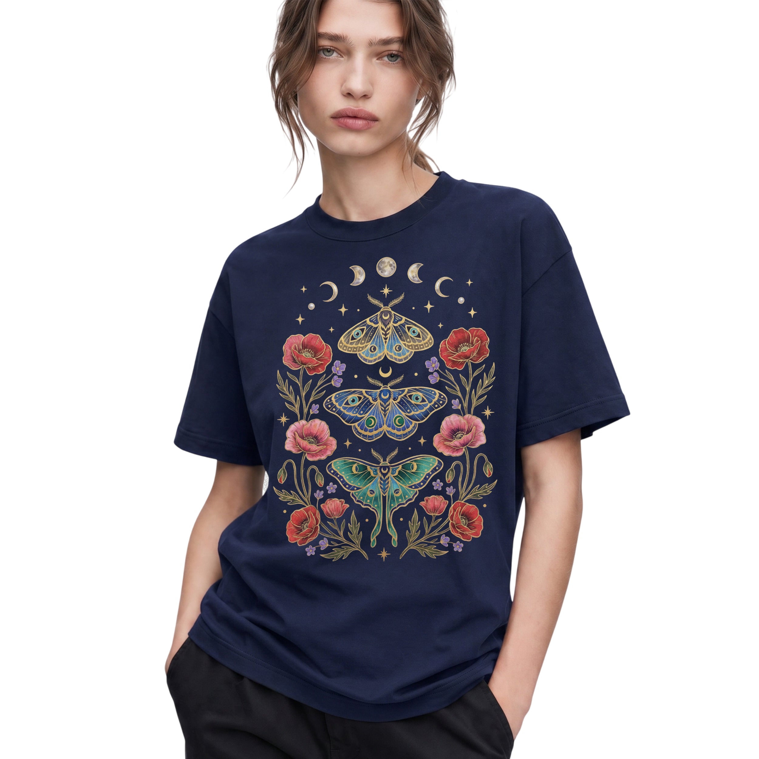 SF_COLOR=navy; SF_ITEM=adult-t-shirt; SF_ROLE=gallery; Celestial Moth T-Shirt Luna Moon Phase Flower Cottagecore Witchy Tee - Navy Adult T-Shirt product image
