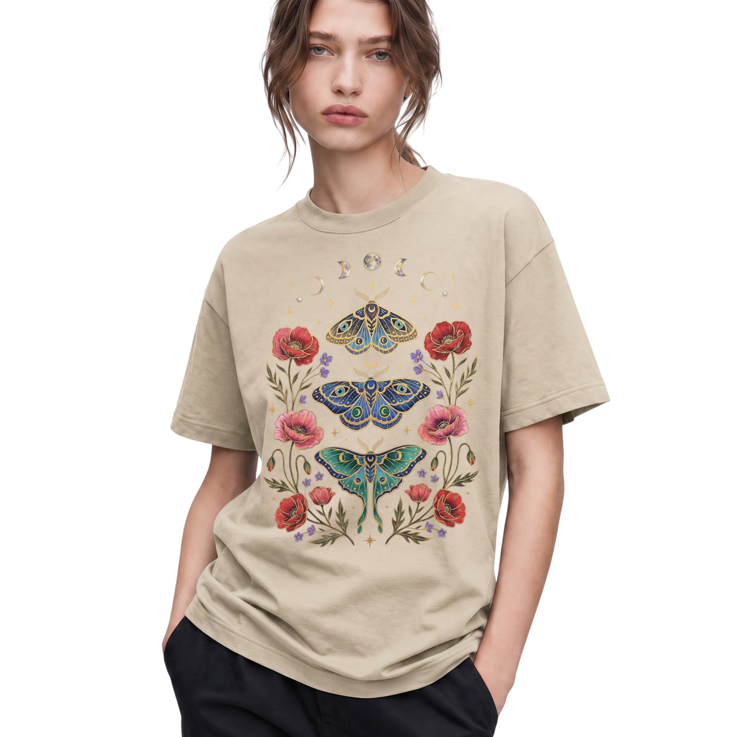 SF_COLOR=sand; SF_ITEM=adult-t-shirt; SF_ROLE=gallery; Celestial Moth T-Shirt Luna Moon Phase Flower Cottagecore Witchy Tee - Sand Adult T-Shirt product image