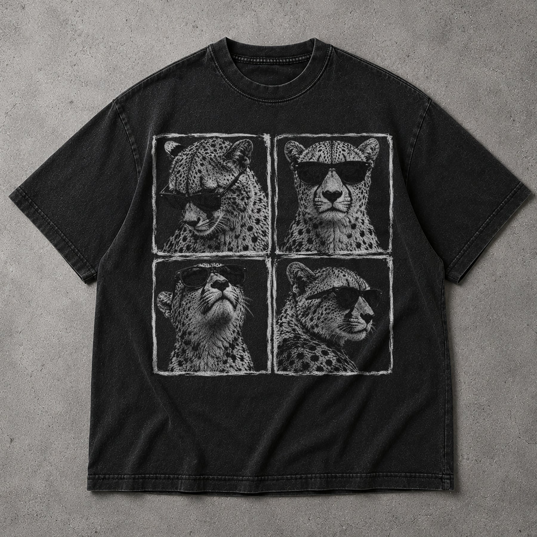 SF_COLOR=black; SF_ITEM=adult-t-shirt; SF_ROLE=main; Cheetahs Wearing Sunglasses T-Shirt Four Square Pop Art Wild Animal Safari Tee - Black Adult T-Shirt product image