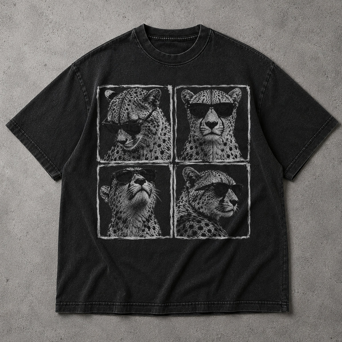 SF_COLOR=black; SF_ITEM=adult-t-shirt; SF_ROLE=main; Cheetahs Wearing Sunglasses T-Shirt Four Square Pop Art Wild Animal Safari Tee - Black Adult T-Shirt product image
