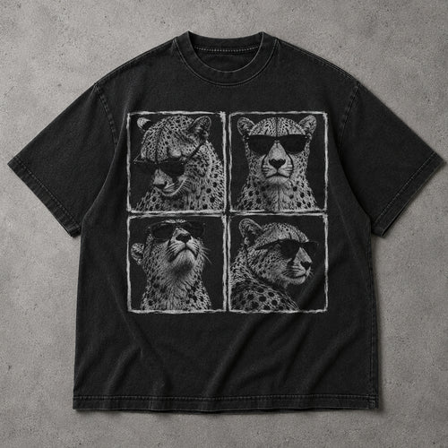 SF_COLOR=black; SF_ITEM=adult-t-shirt; SF_ROLE=main; Cheetahs Wearing Sunglasses T-Shirt Four Square Pop Art Wild Animal Safari Tee - Black Adult T-Shirt product image
