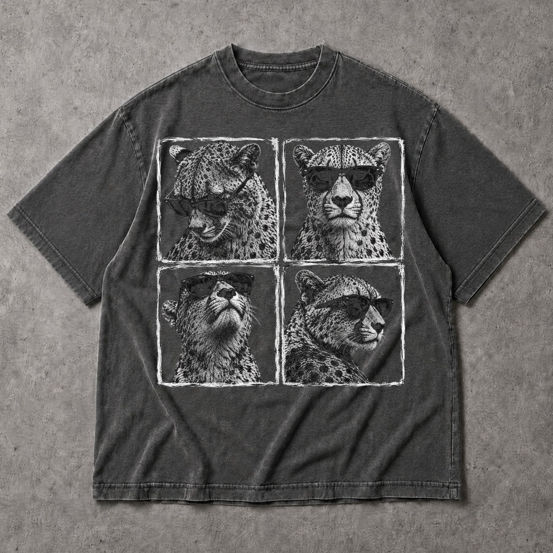 SF_COLOR=dark-heather; SF_ITEM=adult-t-shirt; SF_ROLE=main; Cheetahs Wearing Sunglasses T-Shirt Four Square Pop Art Wild Animal Safari Tee - Dark Heather Adult T-Shirt product image