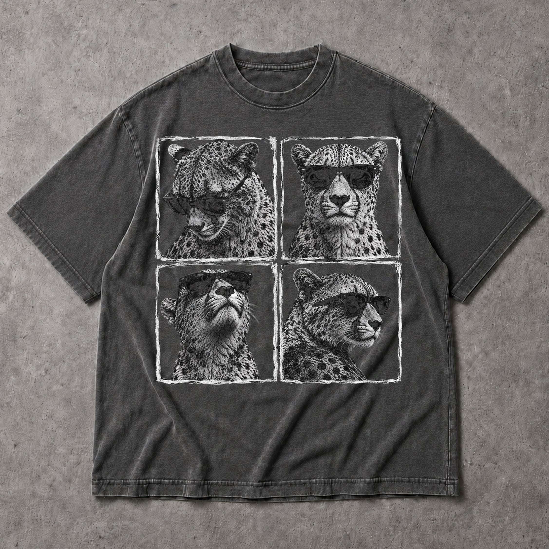 SF_COLOR=dark-heather; SF_ITEM=adult-t-shirt; SF_ROLE=main; Cheetahs Wearing Sunglasses T-Shirt Four Square Pop Art Wild Animal Safari Tee - Dark Heather Adult T-Shirt product image