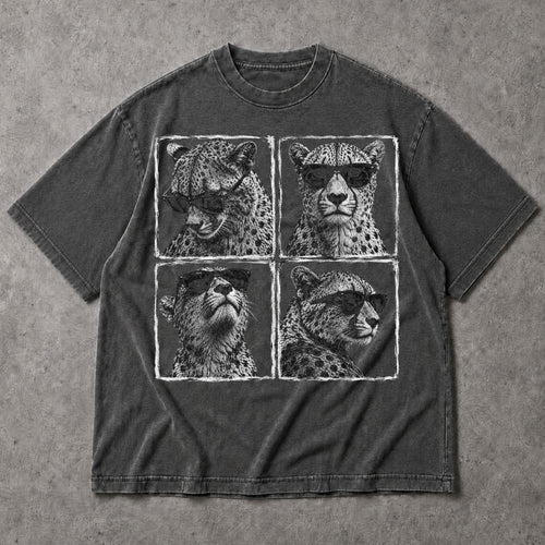 SF_COLOR=dark-heather; SF_ITEM=adult-t-shirt; SF_ROLE=main; Cheetahs Wearing Sunglasses T-Shirt Four Square Pop Art Wild Animal Safari Tee - Dark Heather Adult T-Shirt product image