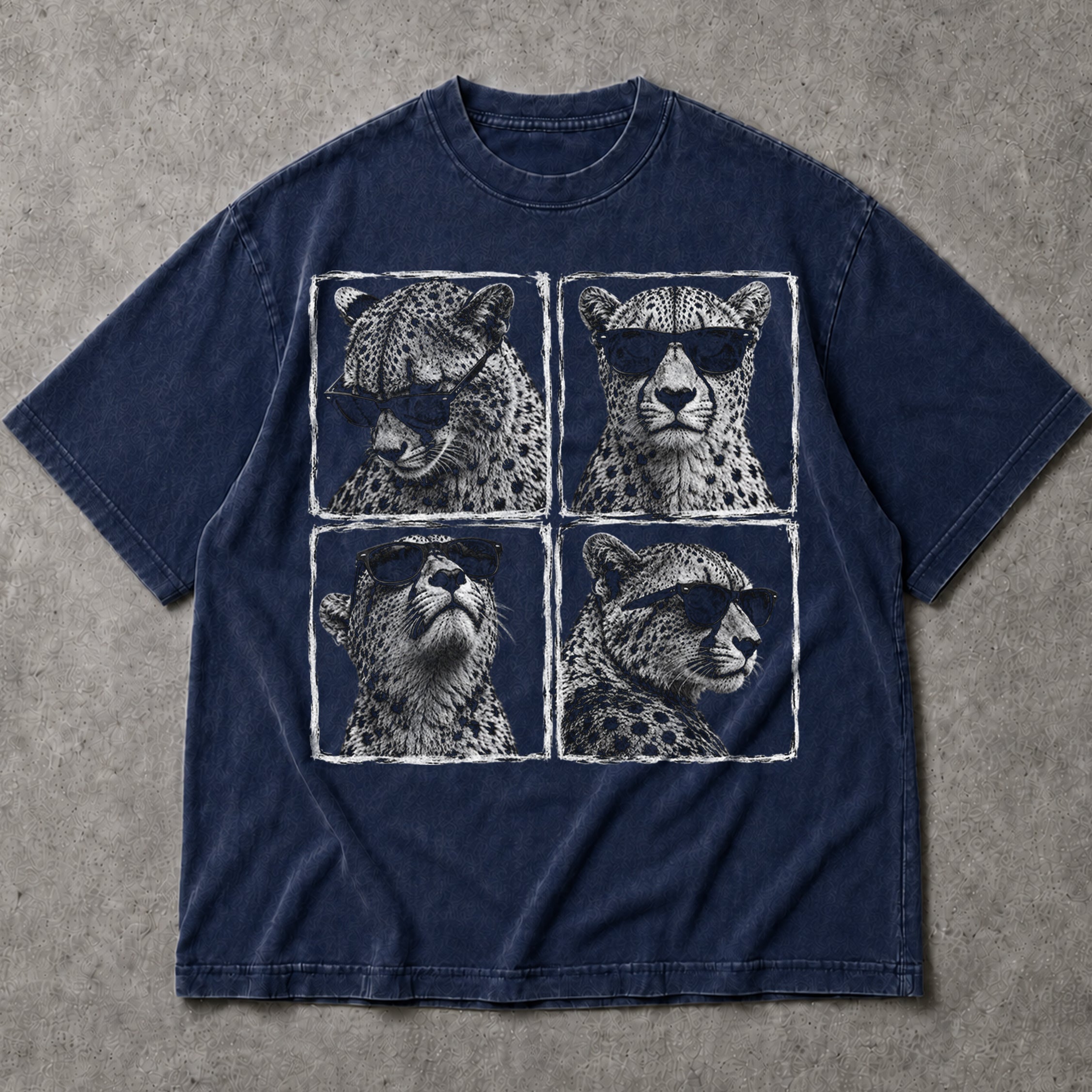 SF_COLOR=navy; SF_ITEM=adult-t-shirt; SF_ROLE=main; Cheetahs Wearing Sunglasses T-Shirt Four Square Pop Art Wild Animal Safari Tee - Navy Adult T-Shirt product image