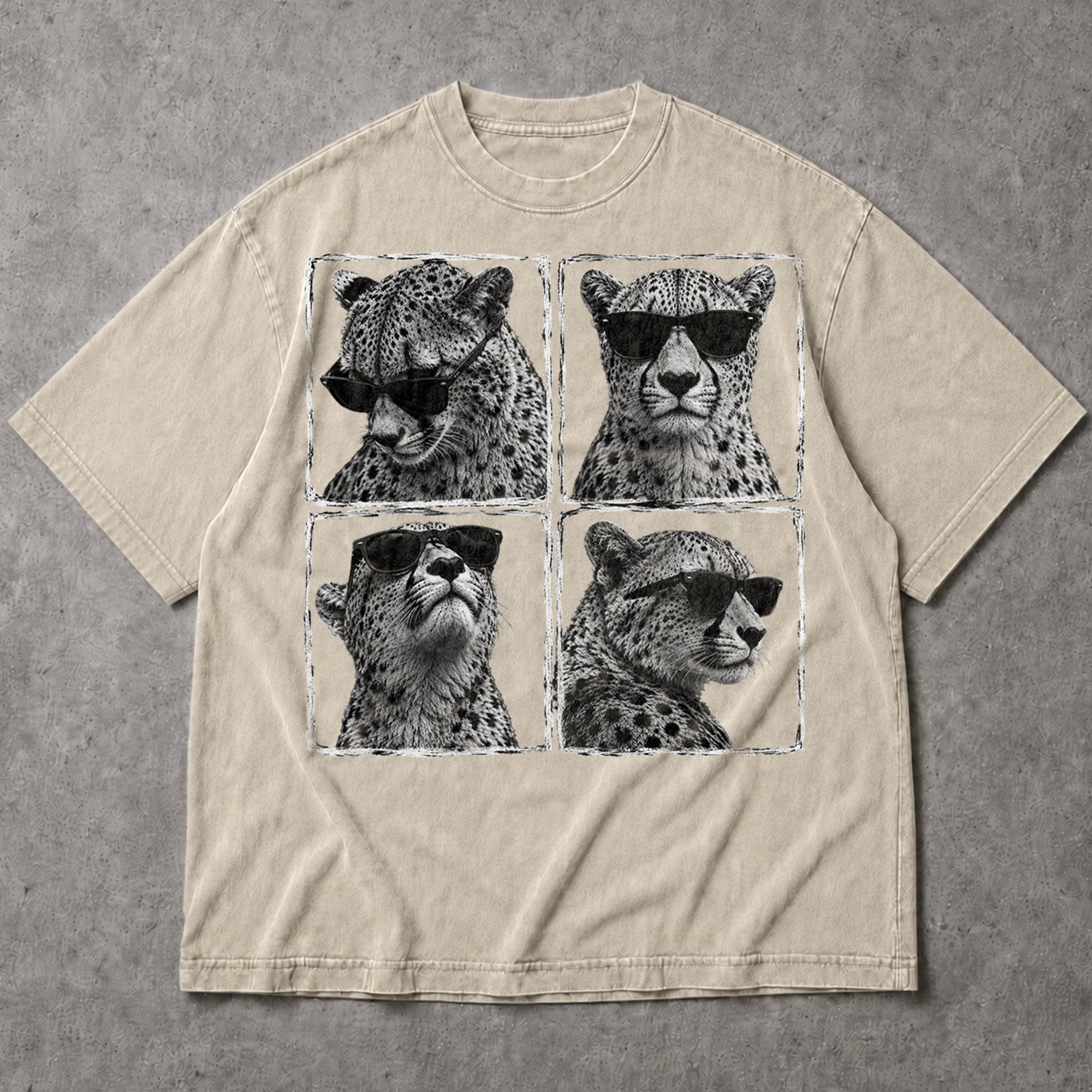 SF_COLOR=sand; SF_ITEM=adult-t-shirt; SF_ROLE=main; Cheetahs Wearing Sunglasses T-Shirt Four Square Pop Art Wild Animal Safari Tee - Sand Adult T-Shirt product image