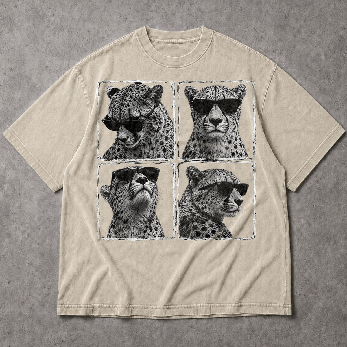 SF_COLOR=sand; SF_ITEM=adult-t-shirt; SF_ROLE=main; Cheetahs Wearing Sunglasses T-Shirt Four Square Pop Art Wild Animal Safari Tee - Sand Adult T-Shirt product image