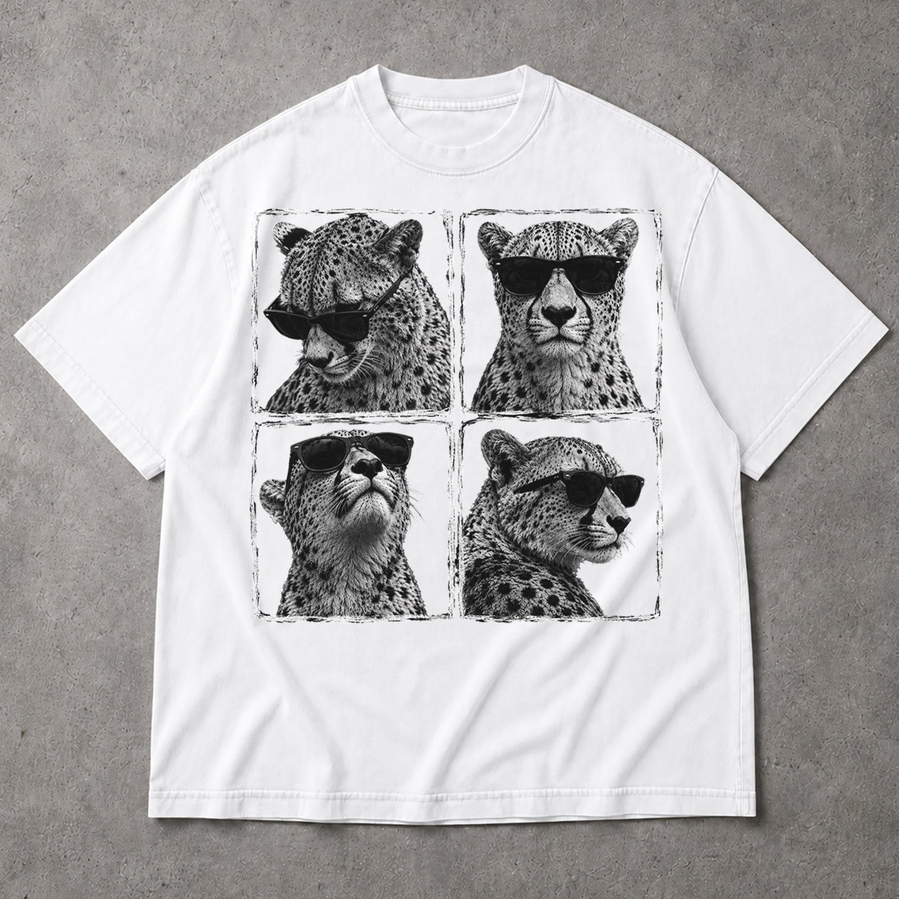 SF_COLOR=white; SF_ITEM=adult-t-shirt; SF_ROLE=main; Cheetahs Wearing Sunglasses T-Shirt Four Square Pop Art Wild Animal Safari Tee - White Adult T-Shirt product image