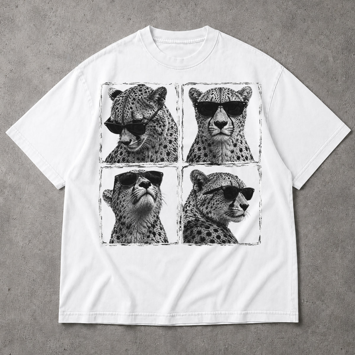 SF_COLOR=white; SF_ITEM=adult-t-shirt; SF_ROLE=main; Cheetahs Wearing Sunglasses T-Shirt Four Square Pop Art Wild Animal Safari Tee - White Adult T-Shirt product image