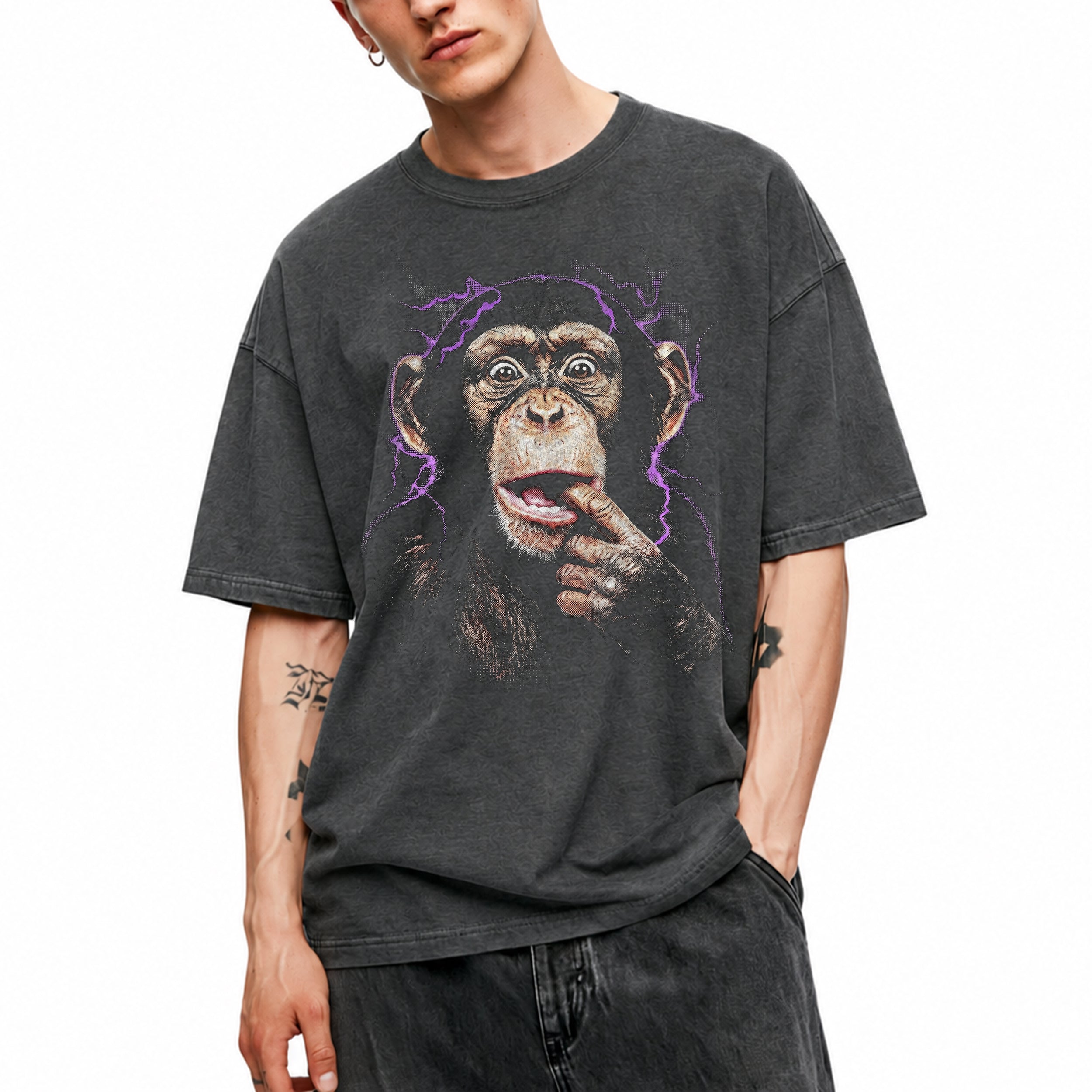 SF_COLOR=dark-heather; SF_ITEM=adult-t-shirt; SF_ROLE=main; Chimpanzee Lightning Aura T‑Shirt – Vintage Monkey Meme Graphic Tee - Dark Heather Adult T-Shirt product image