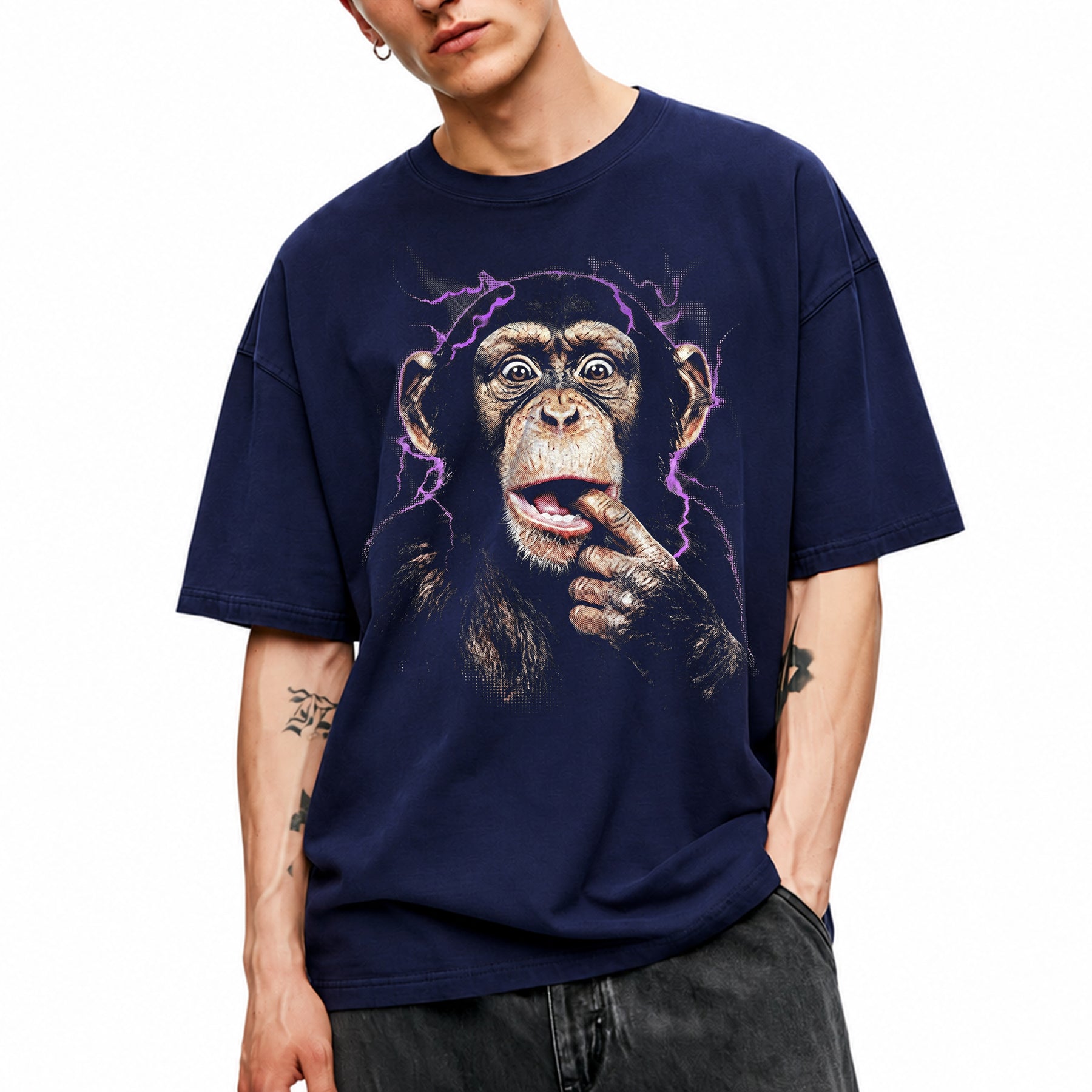 SF_COLOR=navy; SF_ITEM=adult-t-shirt; SF_ROLE=main; Chimpanzee Lightning Aura T‑Shirt – Vintage Monkey Meme Graphic Tee - Navy Adult T-Shirt product image