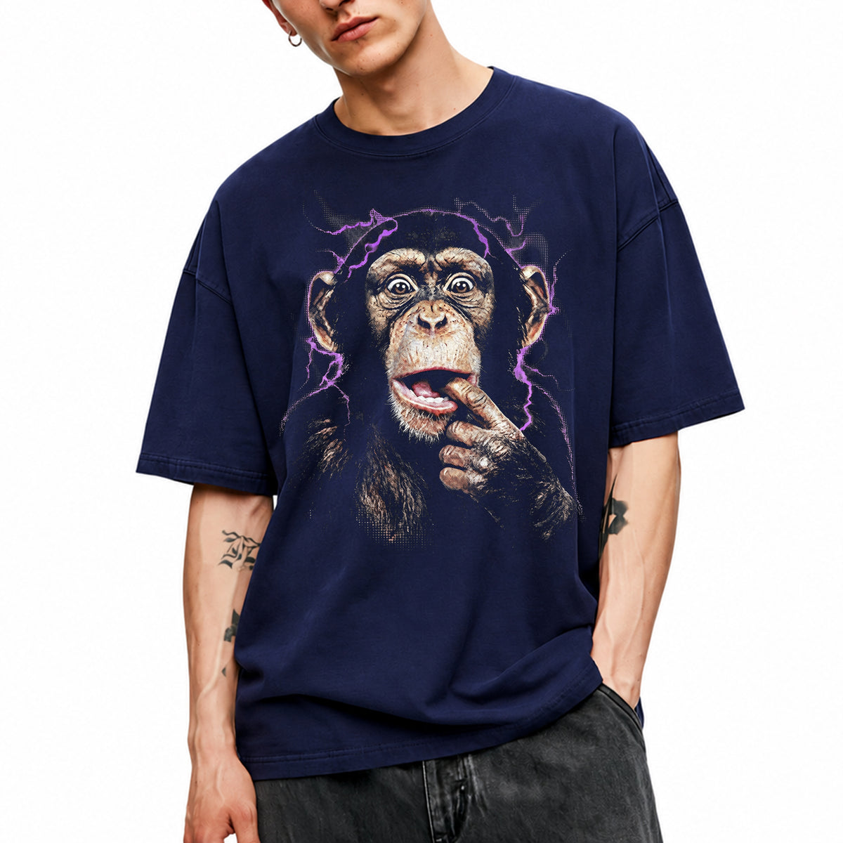 SF_COLOR=navy; SF_ITEM=adult-t-shirt; SF_ROLE=main; Chimpanzee Lightning Aura T‑Shirt – Vintage Monkey Meme Graphic Tee - Navy Adult T-Shirt product image