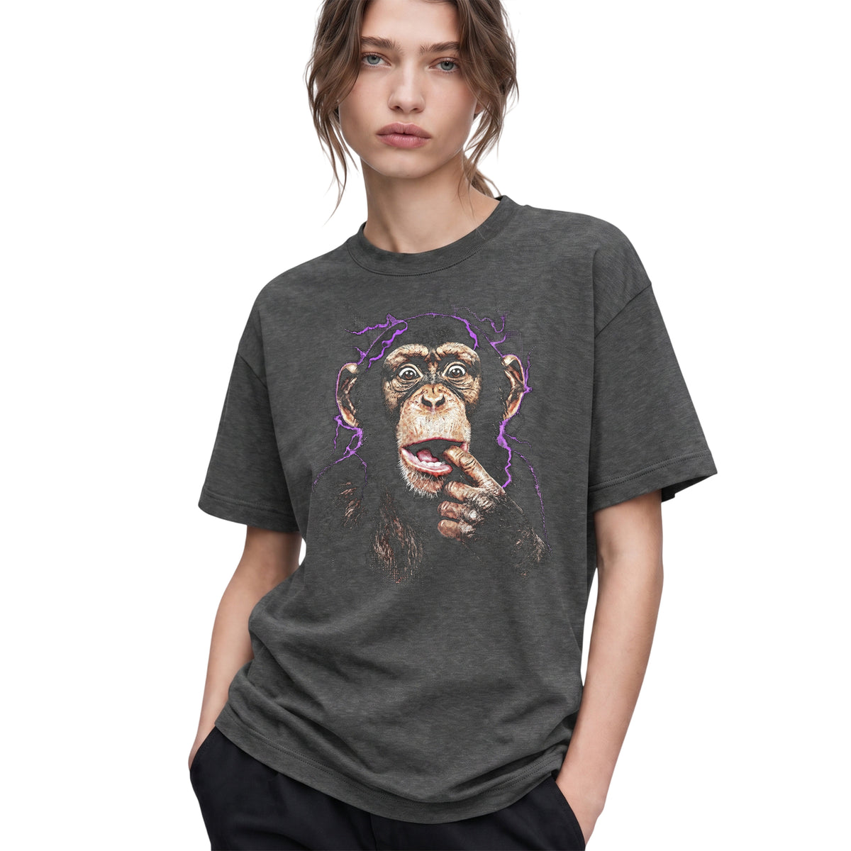 SF_COLOR=dark-heather; SF_ITEM=adult-t-shirt; SF_ROLE=gallery; Chimpanzee Lightning Aura T‑Shirt – Vintage Monkey Meme Graphic Tee - Dark Heather Adult T-Shirt product image