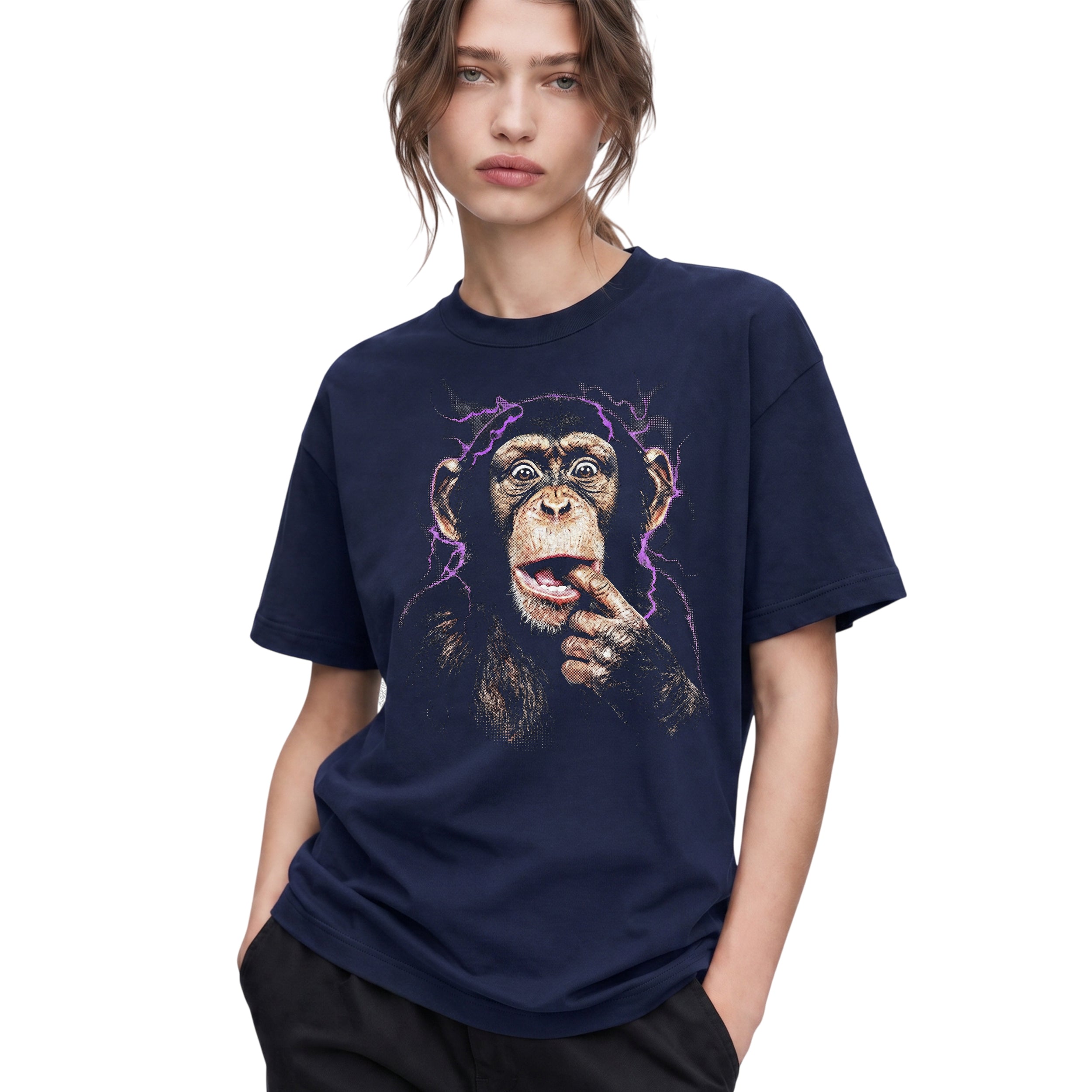 SF_COLOR=navy; SF_ITEM=adult-t-shirt; SF_ROLE=gallery; Chimpanzee Lightning Aura T‑Shirt – Vintage Monkey Meme Graphic Tee - Navy Adult T-Shirt product image