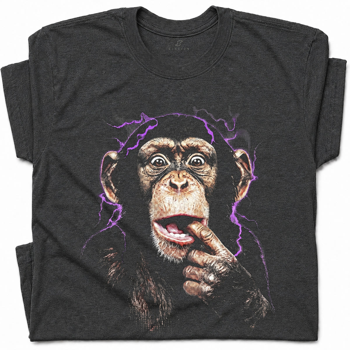 SF_COLOR=dark-heather; SF_ITEM=adult-t-shirt; SF_ROLE=gallery; Chimpanzee Lightning Aura T‑Shirt – Vintage Monkey Meme Graphic Tee - Dark Heather Adult T-Shirt product image