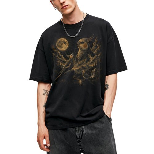 SF_COLOR=black; SF_ITEM=adult-t-shirt; SF_ROLE=main; Cockatiel Bird T-Shirt Vintage Moon Starry Night Sky Nature Graphic Top - Black Adult T-Shirt product image