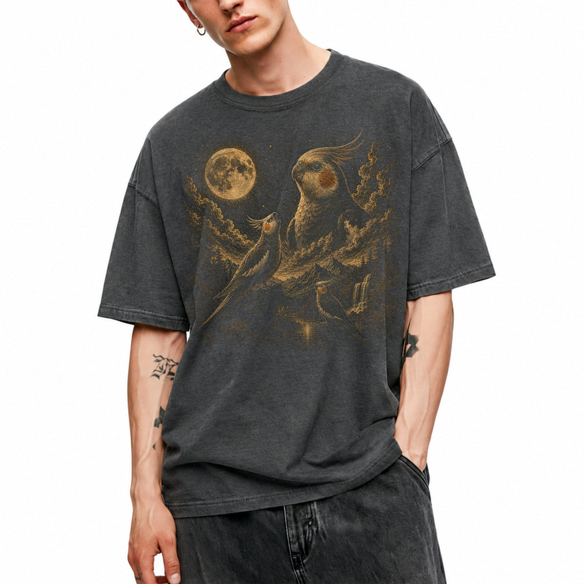 SF_COLOR=dark-heather; SF_ITEM=adult-t-shirt; SF_ROLE=main; Cockatiel Bird T-Shirt Vintage Moon Starry Night Sky Nature Graphic Top - Dark Heather Adult T-Shirt product image