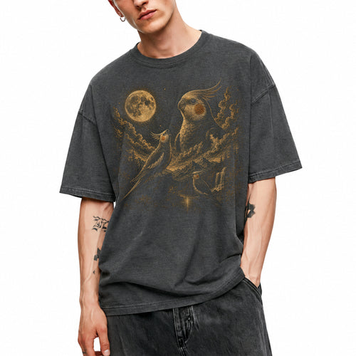 SF_COLOR=dark-heather; SF_ITEM=adult-t-shirt; SF_ROLE=main; Cockatiel Bird T-Shirt Vintage Moon Starry Night Sky Nature Graphic Top - Dark Heather Adult T-Shirt product image