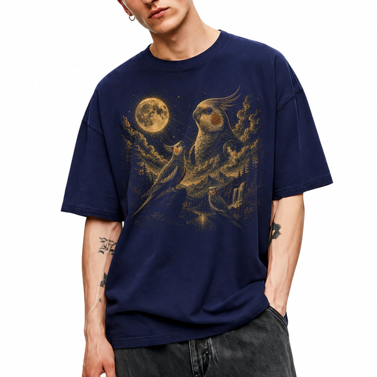 SF_COLOR=navy; SF_ITEM=adult-t-shirt; SF_ROLE=main; Cockatiel Bird T-Shirt Vintage Moon Starry Night Sky Nature Graphic Top - Navy Adult T-Shirt product image