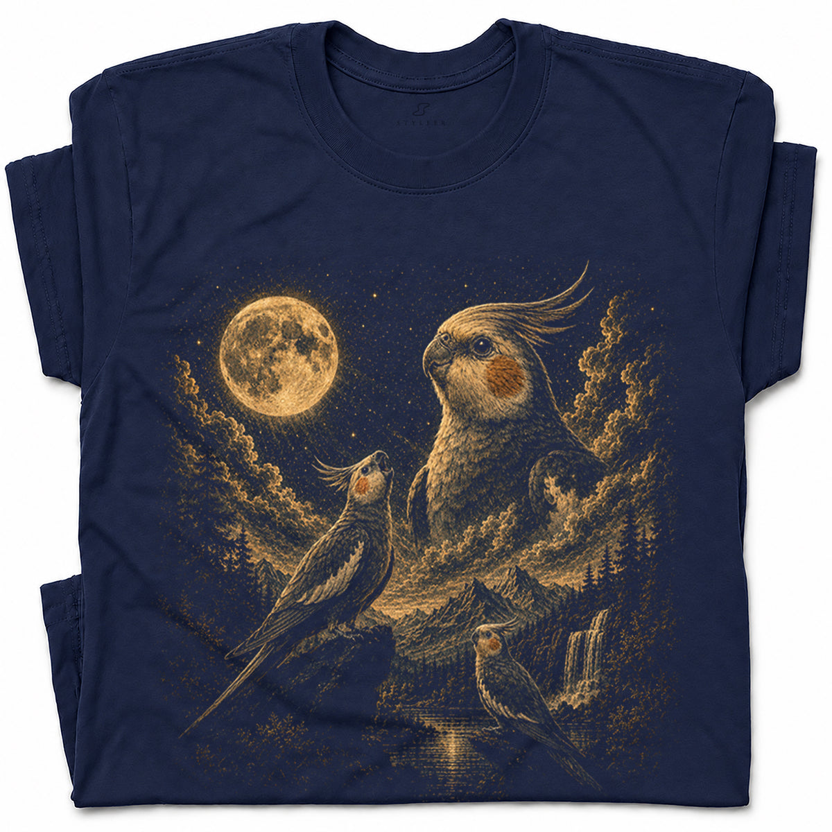 SF_COLOR=navy; SF_ITEM=adult-t-shirt; SF_ROLE=gallery; Cockatiel Bird T-Shirt Vintage Moon Starry Night Sky Nature Graphic Top - Navy Adult T-Shirt product image