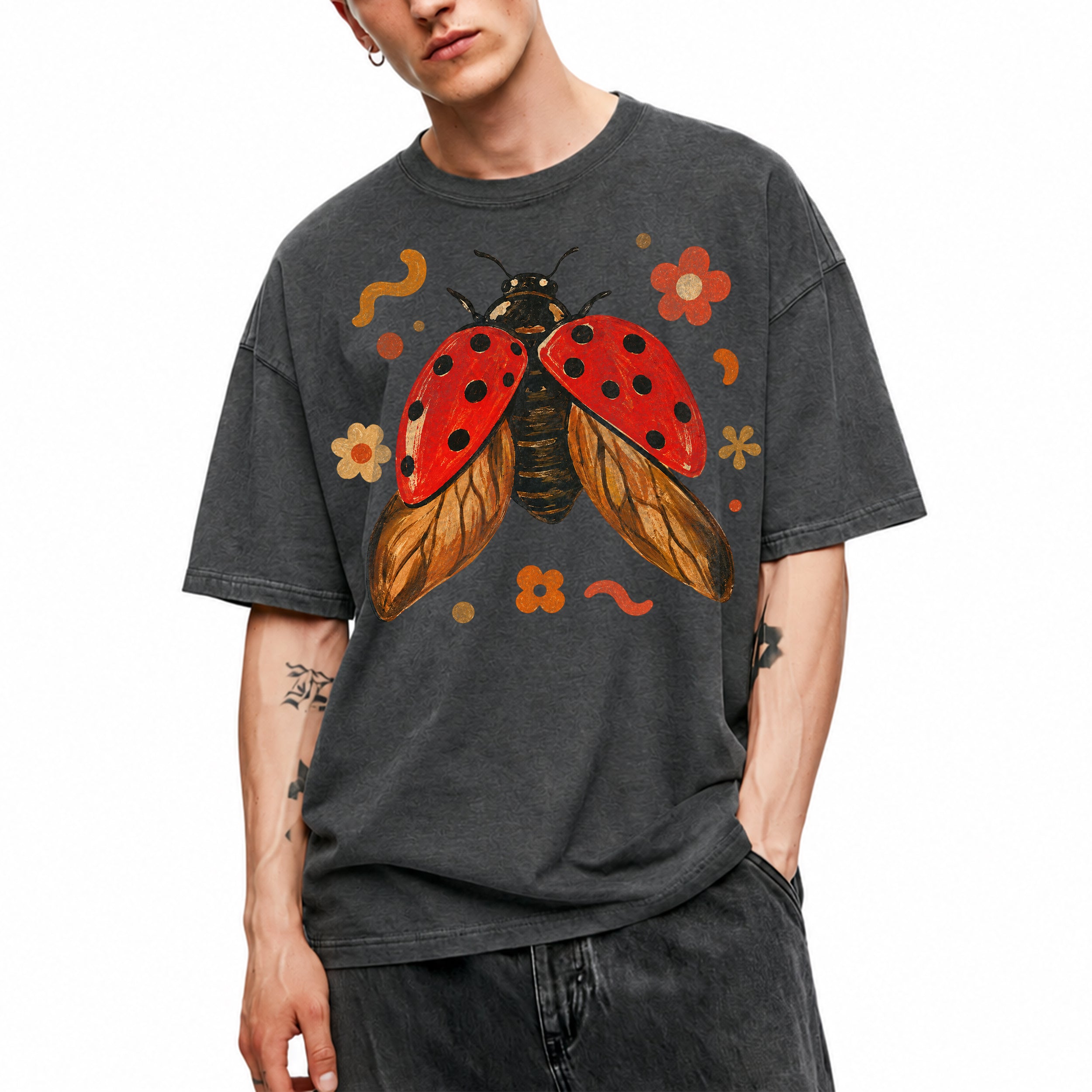 SF_COLOR=dark-heather; SF_ITEM=adult-t-shirt; SF_ROLE=main; Colorful Ladybug Flowers T-Shirt Playful Beetle Nature Tee - Dark Heather Adult T-Shirt product image