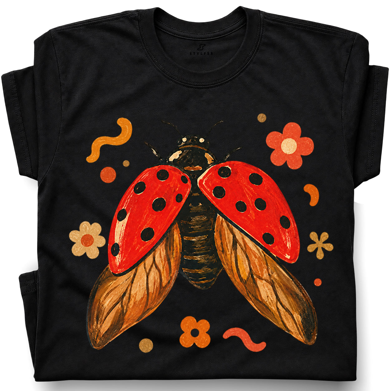 SF_COLOR=black; SF_ITEM=adult-t-shirt; SF_ROLE=gallery; Colorful Ladybug Flowers T-Shirt Playful Beetle Nature Tee - Black Adult T-Shirt product image