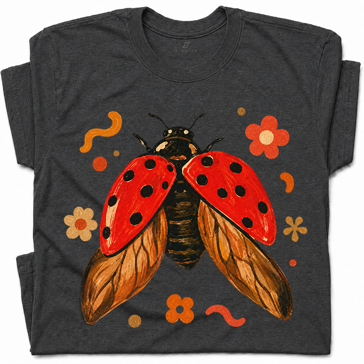 SF_COLOR=dark-heather; SF_ITEM=adult-t-shirt; SF_ROLE=gallery; Colorful Ladybug Flowers T-Shirt Playful Beetle Nature Tee - Dark Heather Adult T-Shirt product image