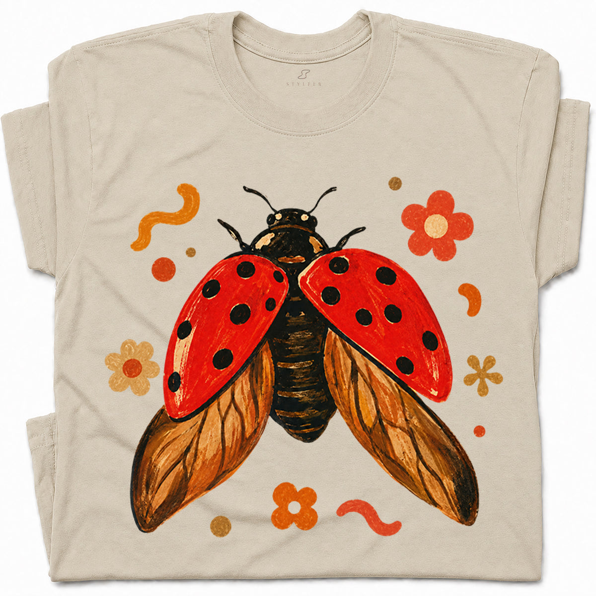 SF_COLOR=sand; SF_ITEM=adult-t-shirt; SF_ROLE=gallery; Colorful Ladybug Flowers T-Shirt Playful Beetle Nature Tee - Sand Adult T-Shirt product image