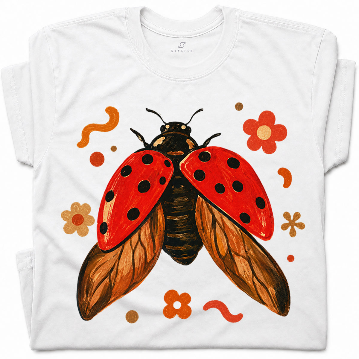 SF_COLOR=white; SF_ITEM=adult-t-shirt; SF_ROLE=gallery; Colorful Ladybug Flowers T-Shirt Playful Beetle Nature Tee - White Adult T-Shirt product image
