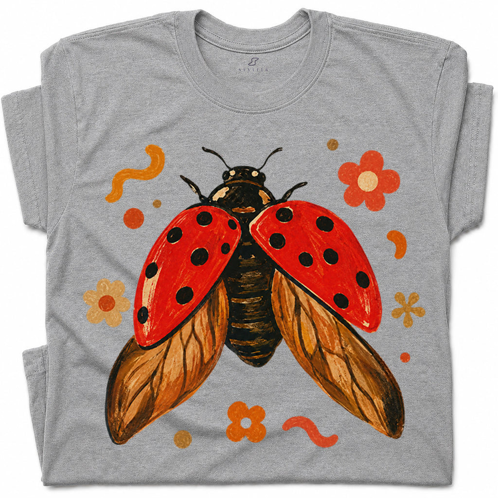 SF_COLOR=sport-grey; SF_ITEM=adult-t-shirt; SF_ROLE=gallery; Colorful Ladybug Flowers T-Shirt Playful Beetle Nature Tee - Sport Grey Adult T-Shirt product image