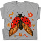SF_COLOR=sport-grey; SF_ITEM=adult-t-shirt; SF_ROLE=gallery; Colorful Ladybug Flowers T-Shirt Playful Beetle Nature Tee - Sport Grey Adult T-Shirt product image