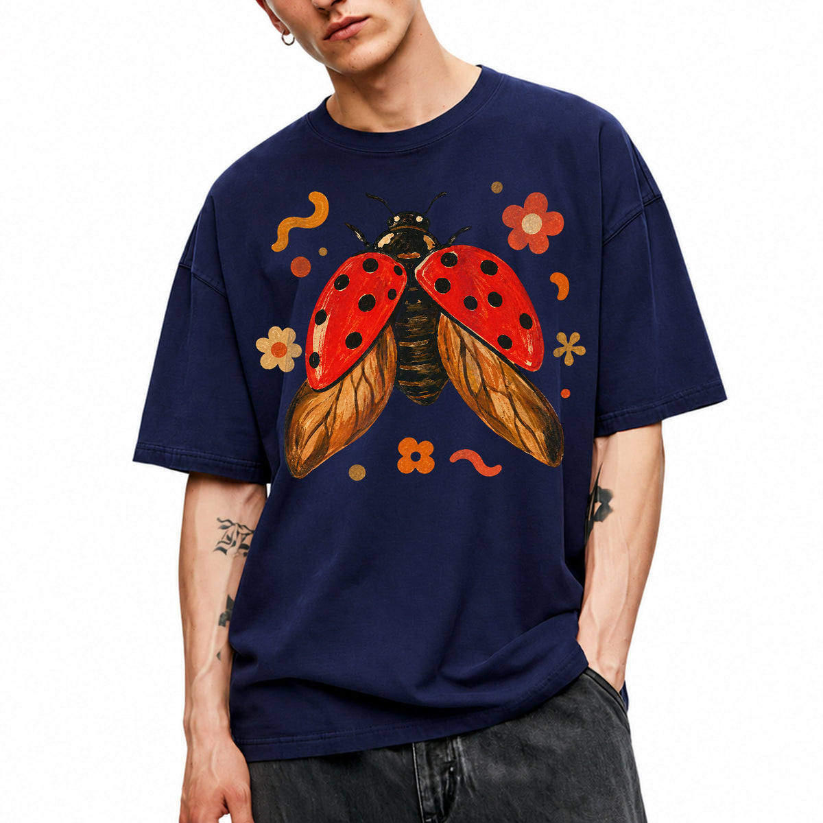 SF_COLOR=navy; SF_ITEM=adult-t-shirt; SF_ROLE=main; Colorful Ladybug Flowers T-Shirt Playful Beetle Nature Tee - Navy Adult T-Shirt product image