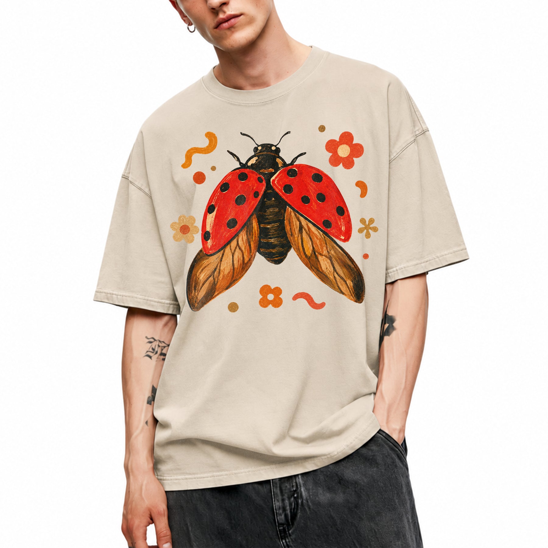 SF_COLOR=sand; SF_ITEM=adult-t-shirt; SF_ROLE=main; Colorful Ladybug Flowers T-Shirt Playful Beetle Nature Tee - Sand Adult T-Shirt product image