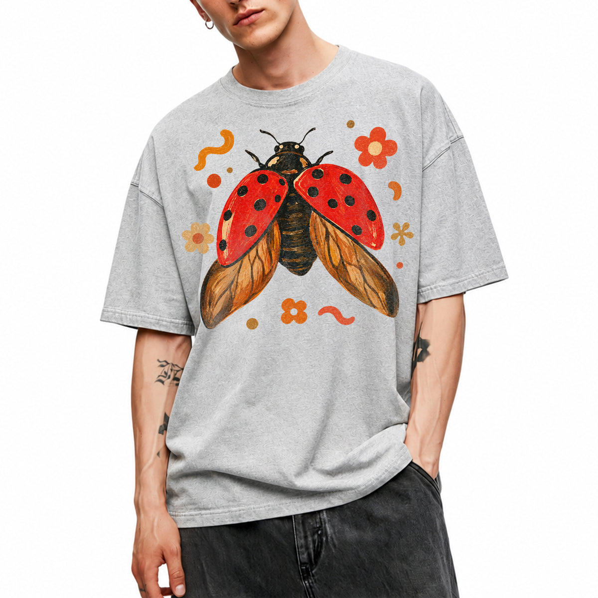 SF_COLOR=sport-grey; SF_ITEM=adult-t-shirt; SF_ROLE=main; Colorful Ladybug Flowers T-Shirt Playful Beetle Nature Tee - Sport Grey Adult T-Shirt product image