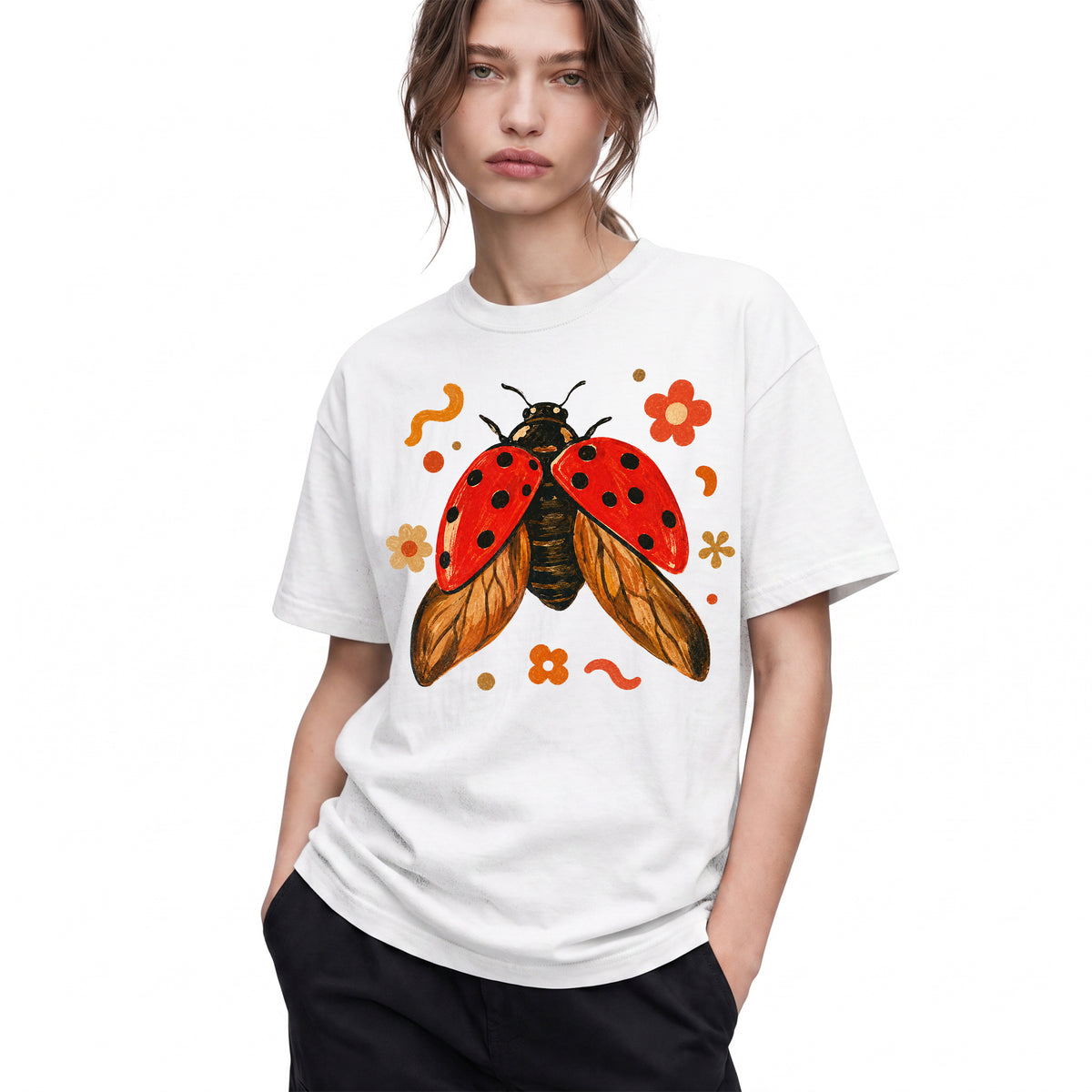 SF_COLOR=white; SF_ITEM=adult-t-shirt; SF_ROLE=gallery; Colorful Ladybug Flowers T-Shirt Playful Beetle Nature Tee - White Adult T-Shirt product image