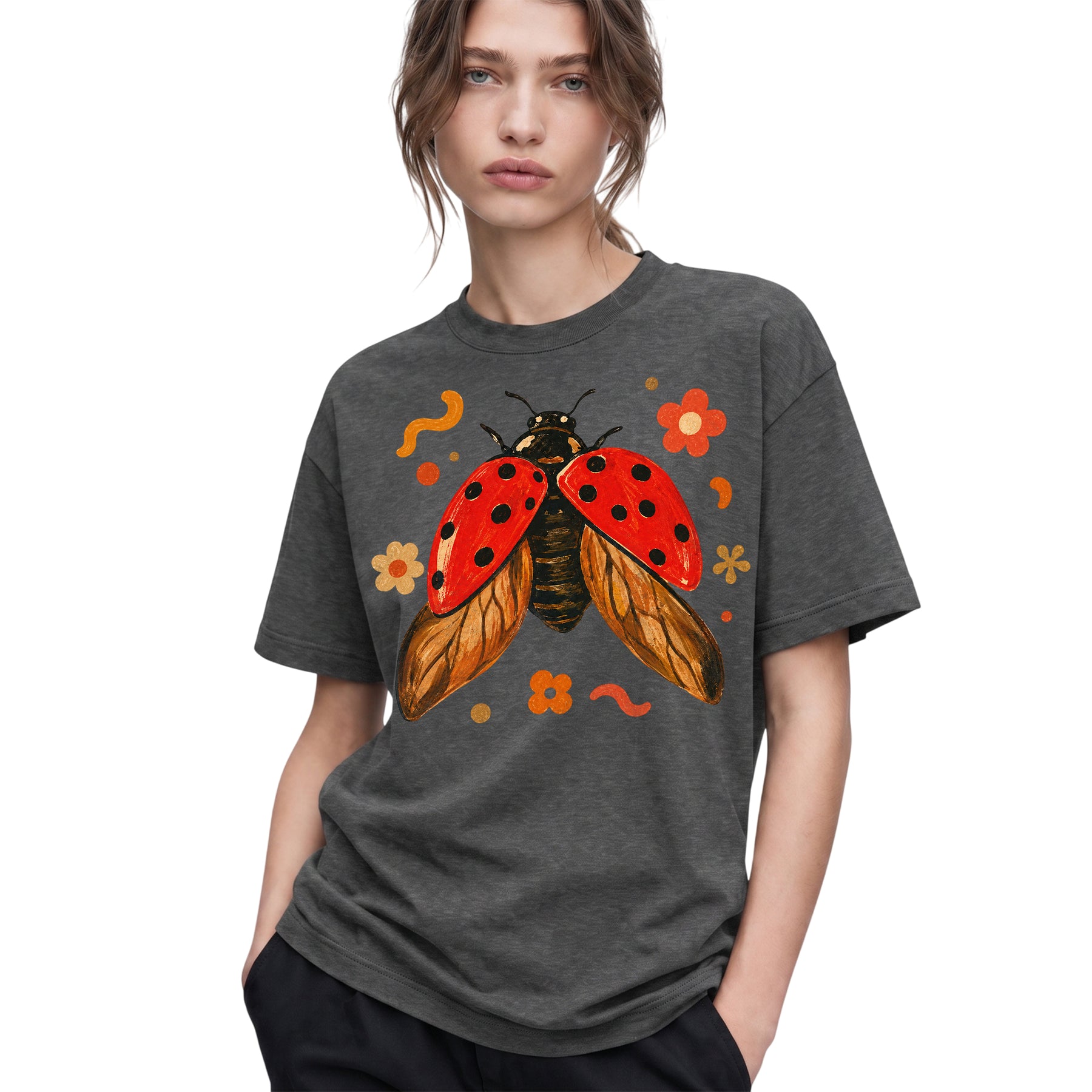 SF_COLOR=dark-heather; SF_ITEM=adult-t-shirt; SF_ROLE=gallery; Colorful Ladybug Flowers T-Shirt Playful Beetle Nature Tee - Dark Heather Adult T-Shirt product image