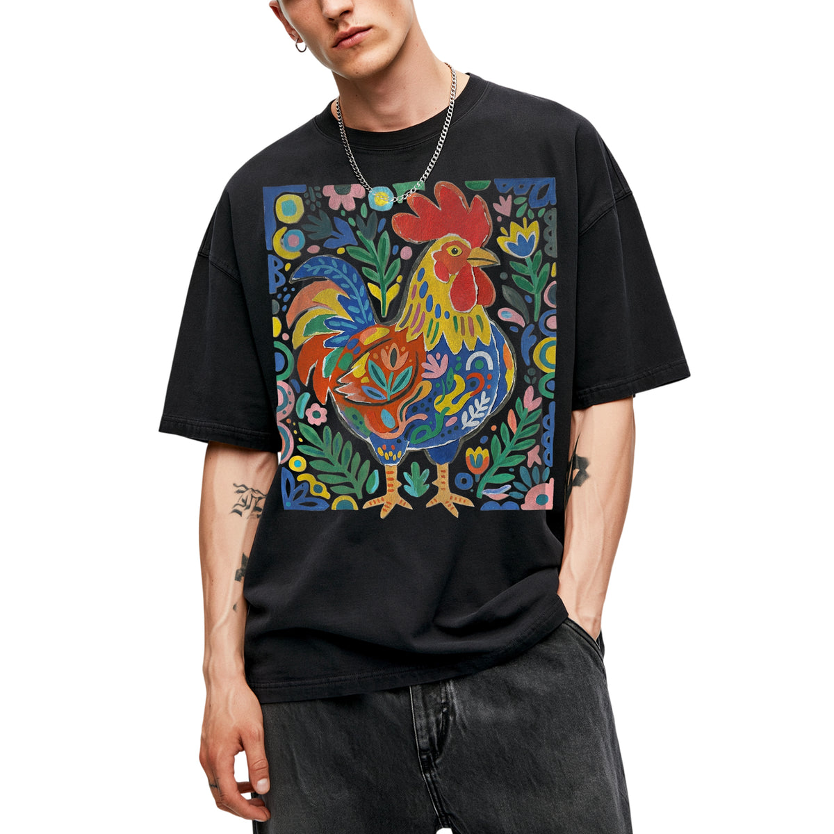 SF_COLOR=black; SF_ITEM=adult-t-shirt; SF_ROLE=main; Colorful Rooster Folk Art Floral Abstract T-Shirt Chicken Farm Whimsical Tee - Black Adult T-Shirt product image