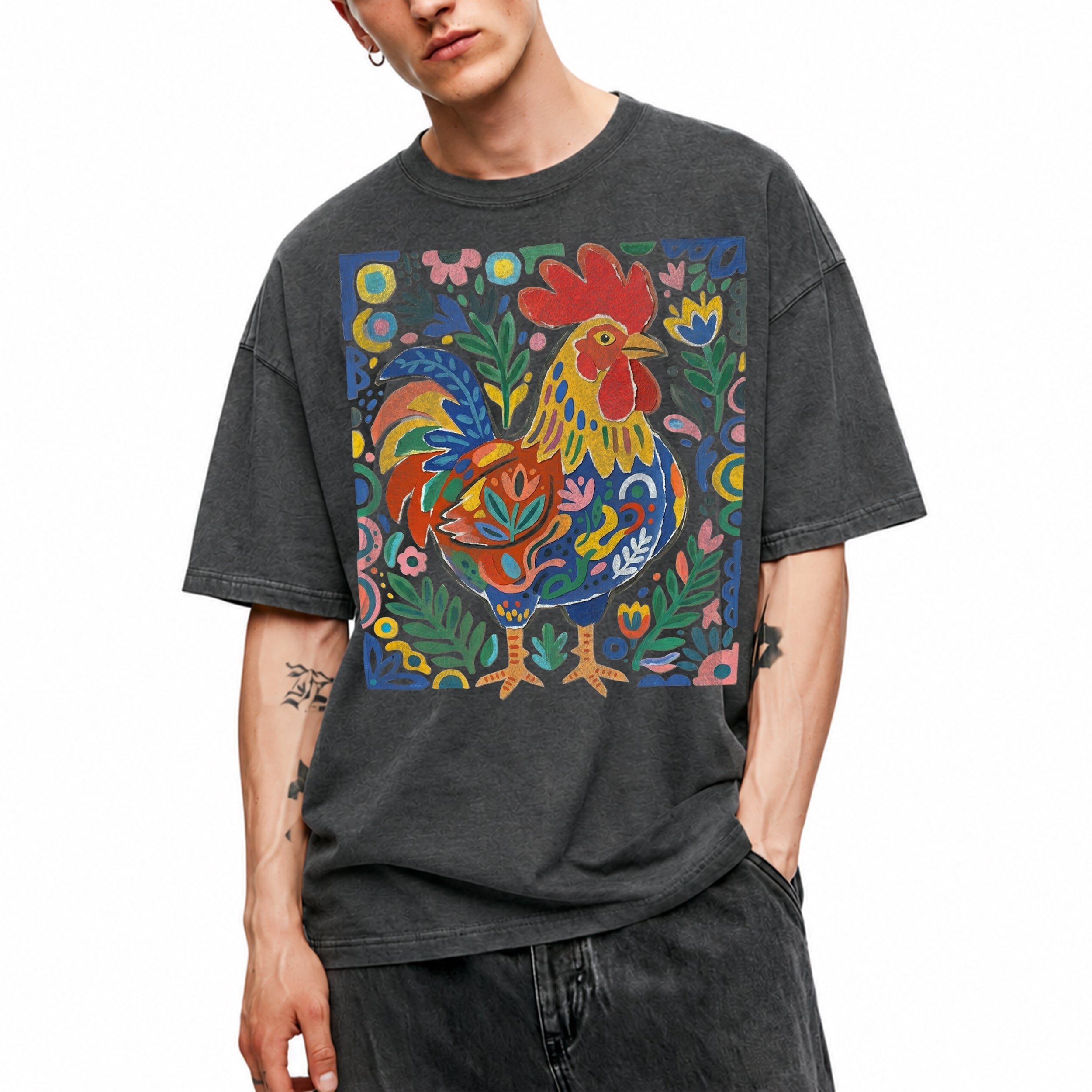 SF_COLOR=dark-heather; SF_ITEM=adult-t-shirt; SF_ROLE=main; Colorful Rooster Folk Art Floral Abstract T-Shirt Chicken Farm Whimsical Tee - Dark Heather Adult T-Shirt product image