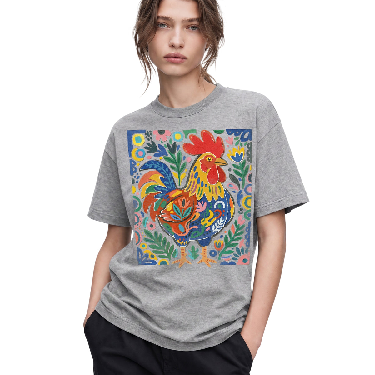 SF_COLOR=sport-grey; SF_ITEM=adult-t-shirt; SF_ROLE=gallery; Colorful Rooster Folk Art Floral Abstract T-Shirt Chicken Farm Whimsical Tee - Sport Grey Adult T-Shirt product image