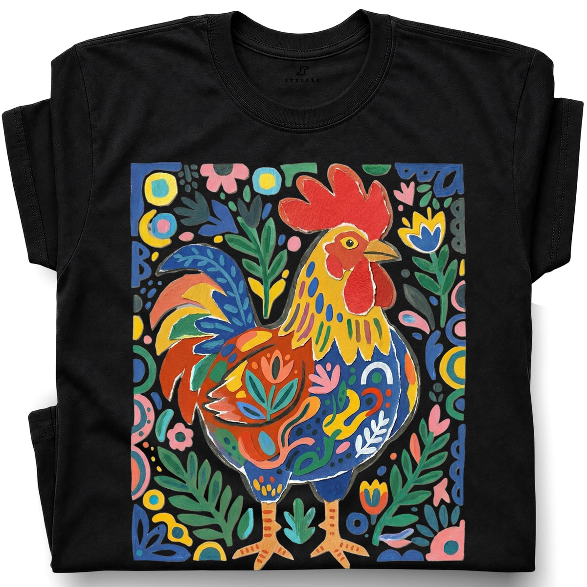 SF_COLOR=black; SF_ITEM=adult-t-shirt; SF_ROLE=gallery; Colorful Rooster Folk Art Floral Abstract T-Shirt Chicken Farm Whimsical Tee - Black Adult T-Shirt product image
