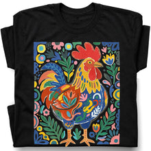 SF_COLOR=black; SF_ITEM=adult-t-shirt; SF_ROLE=gallery; Colorful Rooster Folk Art Floral Abstract T-Shirt Chicken Farm Whimsical Tee - Black Adult T-Shirt product image