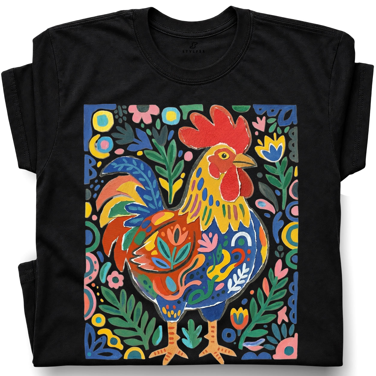 SF_COLOR=black; SF_ITEM=adult-t-shirt; SF_ROLE=gallery; Colorful Rooster Folk Art Floral Abstract T-Shirt Chicken Farm Whimsical Tee - Black Adult T-Shirt product image
