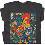 SF_COLOR=dark-heather; SF_ITEM=adult-t-shirt; SF_ROLE=gallery; Colorful Rooster Folk Art Floral Abstract T-Shirt Chicken Farm Whimsical Tee - Dark Heather Adult T-Shirt product image
