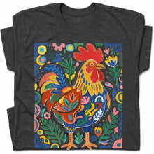 SF_COLOR=dark-heather; SF_ITEM=adult-t-shirt; SF_ROLE=gallery; Colorful Rooster Folk Art Floral Abstract T-Shirt Chicken Farm Whimsical Tee - Dark Heather Adult T-Shirt product image