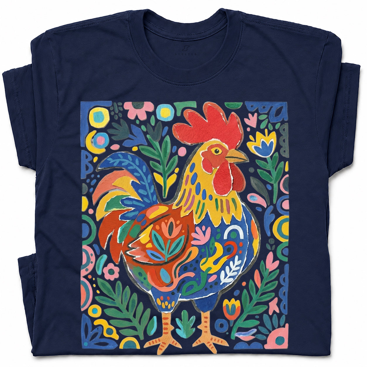 SF_COLOR=navy; SF_ITEM=adult-t-shirt; SF_ROLE=gallery; Colorful Rooster Folk Art Floral Abstract T-Shirt Chicken Farm Whimsical Tee - Navy Adult T-Shirt product image