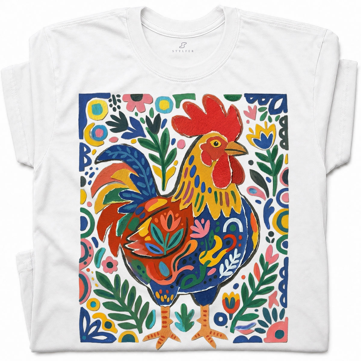 SF_COLOR=white; SF_ITEM=adult-t-shirt; SF_ROLE=gallery; Colorful Rooster Folk Art Floral Abstract T-Shirt Chicken Farm Whimsical Tee - White Adult T-Shirt product image